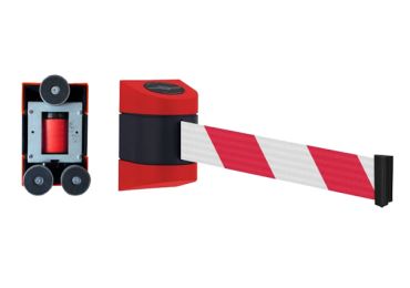 Nástěnná kazeta zn. Tensabarrier, červeno-černá – magnetický úchyt, magnetická koncovka, samonavíjecí pásmo 4,6 | 7,7 | 9 m, červeno-bílé šrafování